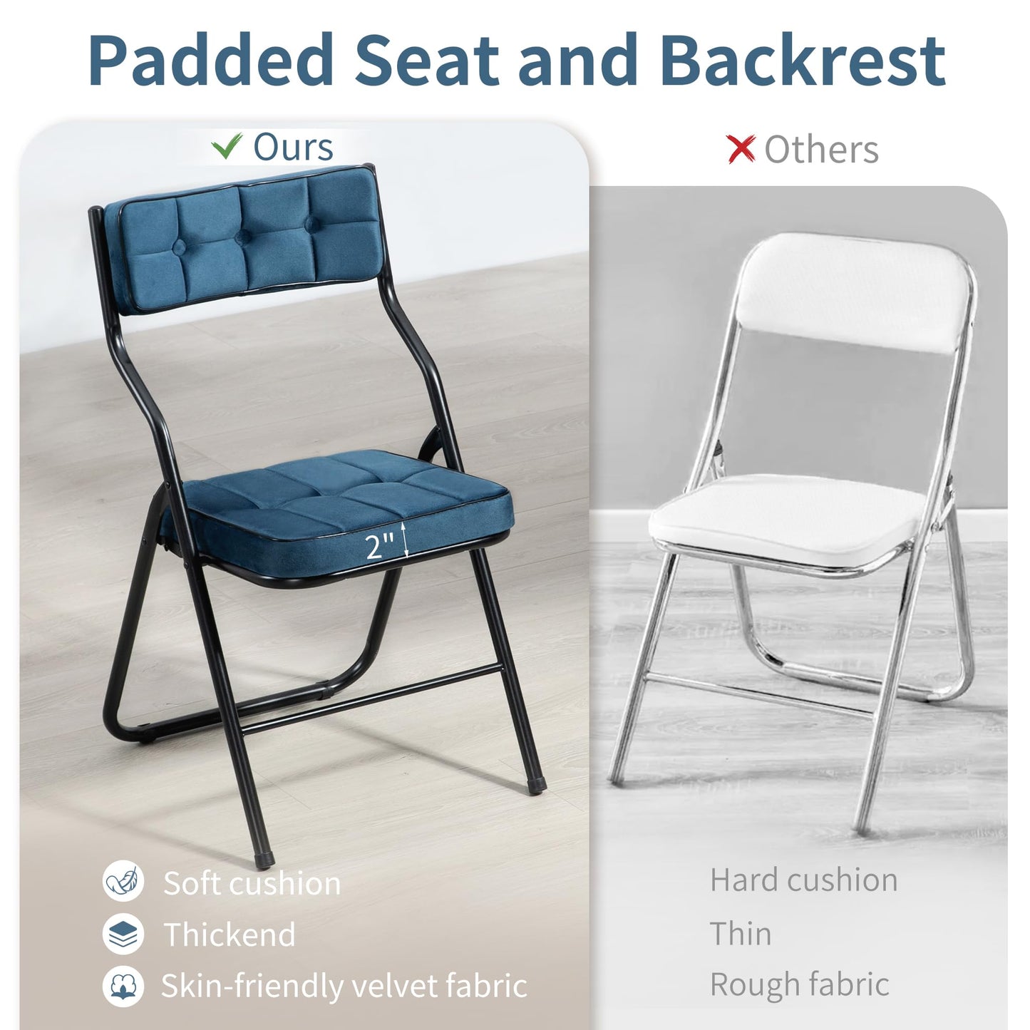 HOMEFUN Padded Folding Chairs 4 Pack - Foldable Dining Chair with Cushion, Portable and Assembled Extra Seat for Guests Kitchen Office Wedding Party Bule