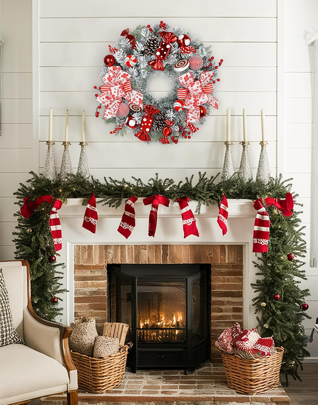 24" Artificial Christmas Wreath with Red Candy Accents, Double Ribbon Bows, Pine Cones & Ornaments, White Cedar Base for Christmas Thanksgiving Winter Holiday Front Door and Wall Decoration