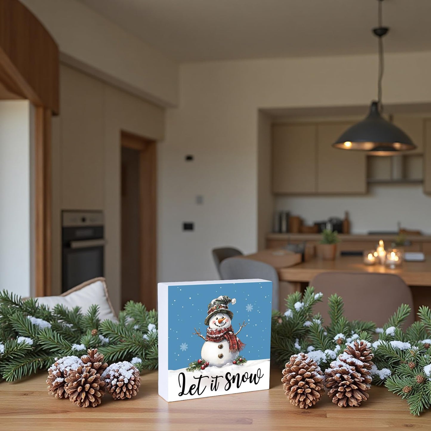 Winter Decorations Indoor Winter Decor Home Room Let It Snow Snowman Office Bathroom Table Wood Box Sign Rustic Wooden Shelf Desk Decor Season Sign House Warming Gifts 5.9 x 5.9 Inch