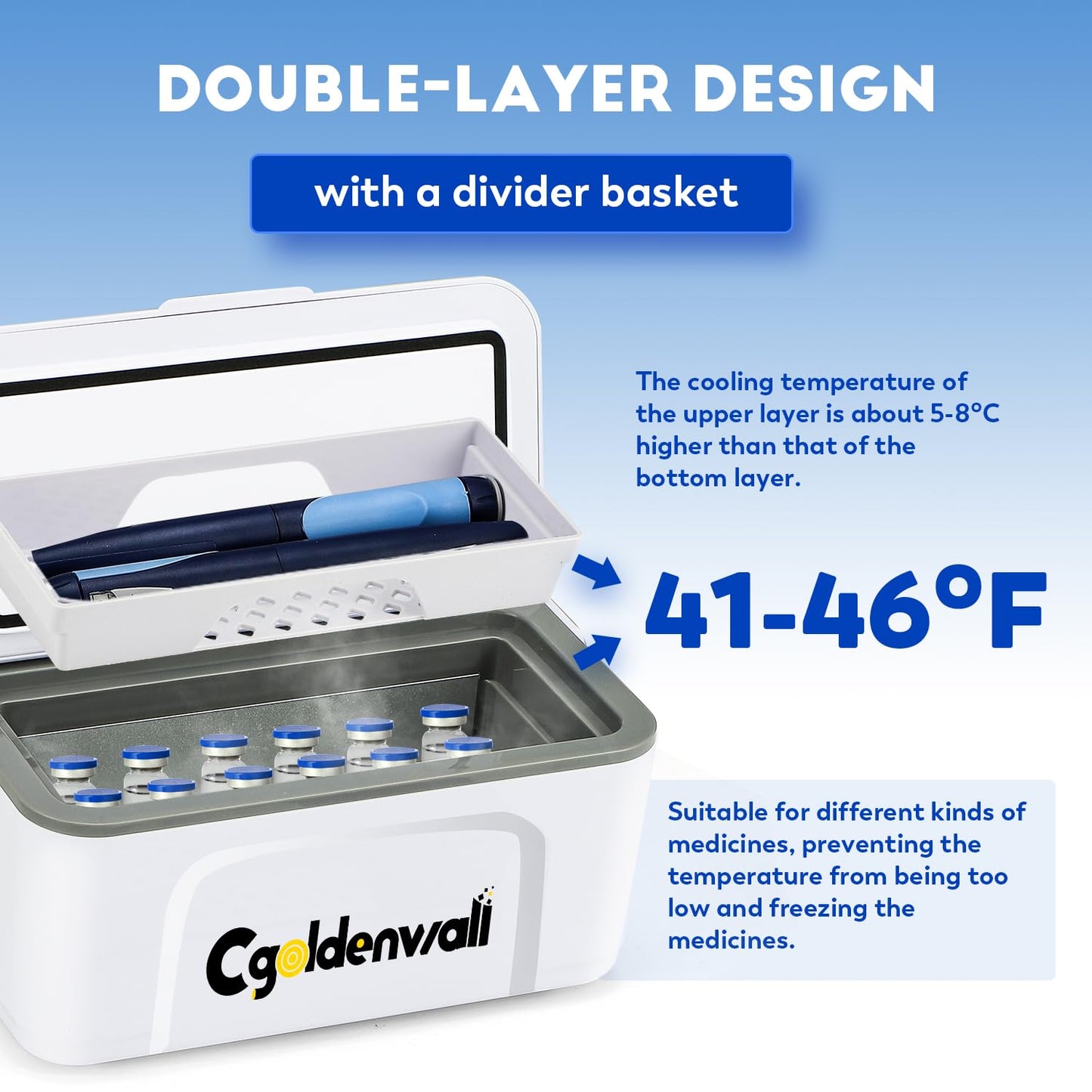 CGOLDENWALL Portable Insulin Cooler Box for Max.12 Pens, 7.5 * 3 * 2.7inches Internal Capacity 32-64℉ Setting with 5V 13600MAH Battery Mini Medicine Refrigerator for Home &Outdoor Use