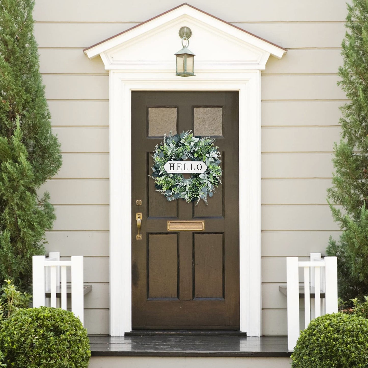 24'' Hello Door Wreath 24inch Boxwood Wreath Farmhouse Eucalyptus Flocked Lambs Ear Wreaths for Front Door Hanging Wall Window Party Decoration