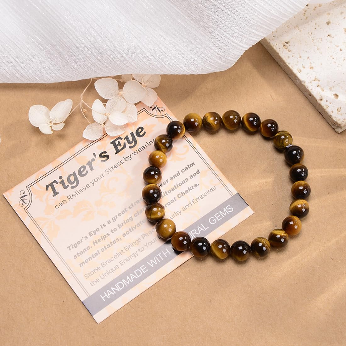 MASSIVE BEADS Yellow Tiger's Eye - Stone of Release Stress - Handmade Yoga Stretch Elastic Bracelet Natural Stone Crystal Healing Power Energy Gifts for Unisex Adult 4mm