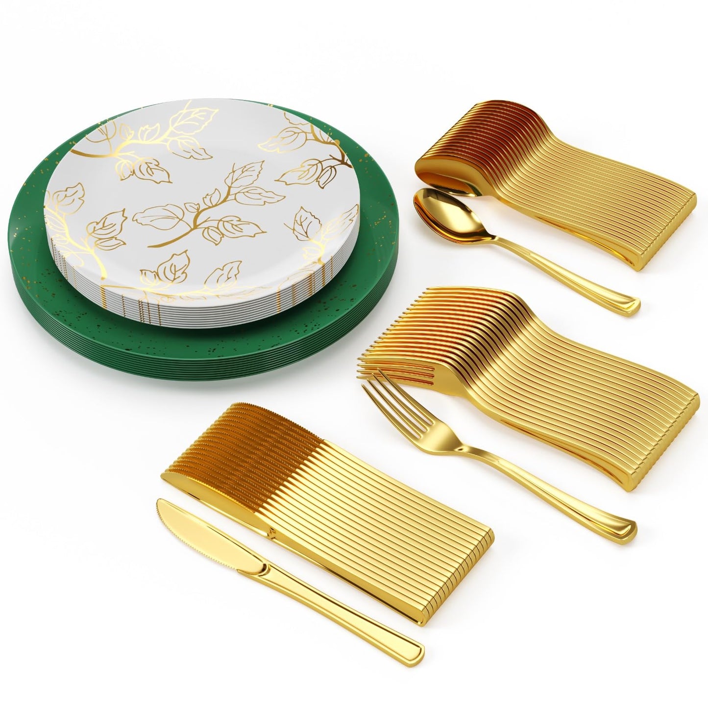 Trendables Christmas Plates Disposable 100 Pcs Christmas Dinnerware Set, Christmas Plastic Plates Set Includes: 20 10" Dinner Plates, 20 8" Dessert Plates & 20 Of Each Gold Forks, Knives & Spoons