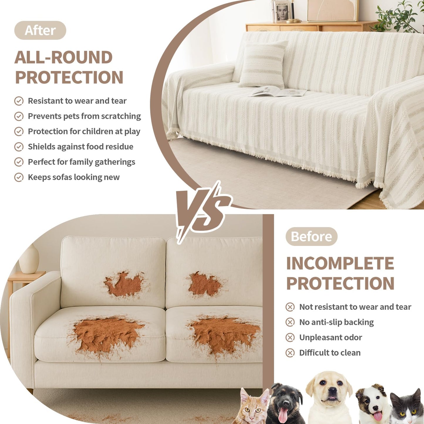 KaviKon Couch Cover for Dogs, Boho Sofa Covers for 3 Cushion Couch, Chenille Sofa Slipcover for Pets Washable, L-Shape Sectional Loveseat Cover Soft Throw Blankets with Tassels(71x118,Striped Beige)