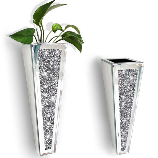 XIHACTY Flower Vase Crushed Diamond Mirrored Hanging Planter& Geometric Decor Mirrored Container,Silver Decorative Mirror Vase Luxury for Home Decor.befit for Faux Plants.Can’t Hold Water.(Set of 2)