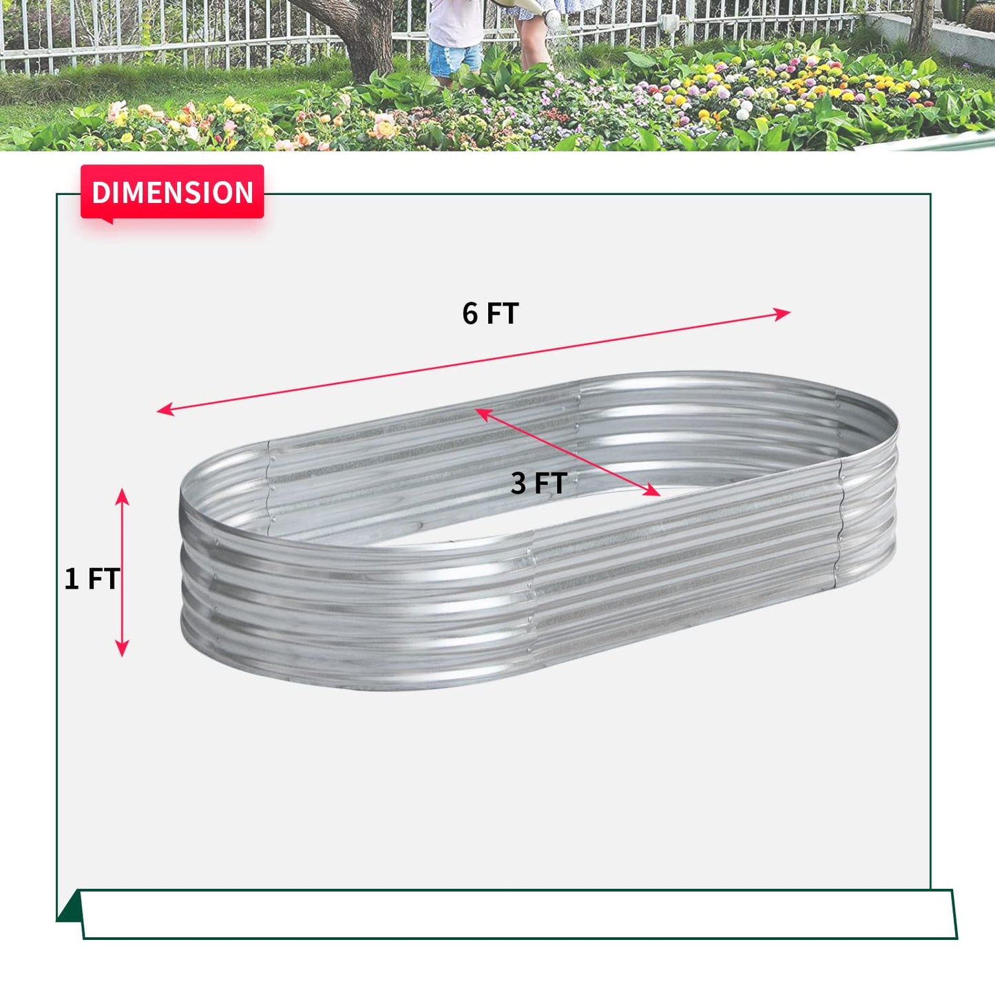 PayLessHere 6x3x1FT Galvanized Garden Bed, Outdoor Elevated Raised Garden Bed Vegetables Flowers Garden Bed Galvanized Steel Garden Planter Box, Oval Raised Bed Kit, Silver