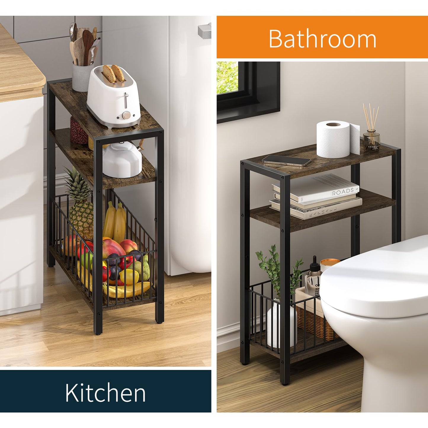 Yoobure Narrow Side Table with Storage Basket, Small End Table for Small Spaces Skinny Side Tables Living Room Bedroom, Slim Nightstand 3 Tier Bedside Table Space-Saving for Magazine, Rustic Brown