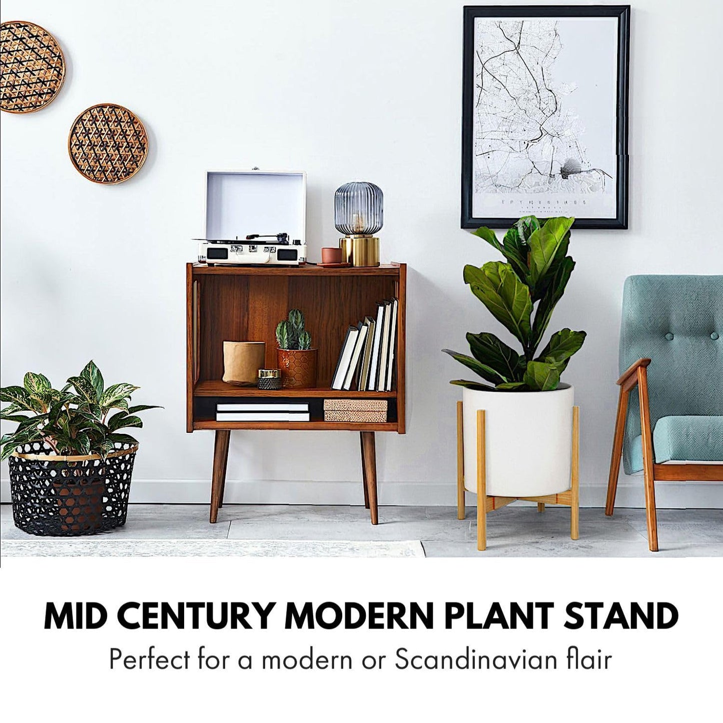 Fox & Fern Large Adjustable Plant Stand Indoor — 11 to 15 Inch Premium Mid Century Bamboo Plant Stand; Plug In Design; Easy Assembly; Two Heights - For 11, 12, 13, 14 & 15 Inch Pots (Not Included)