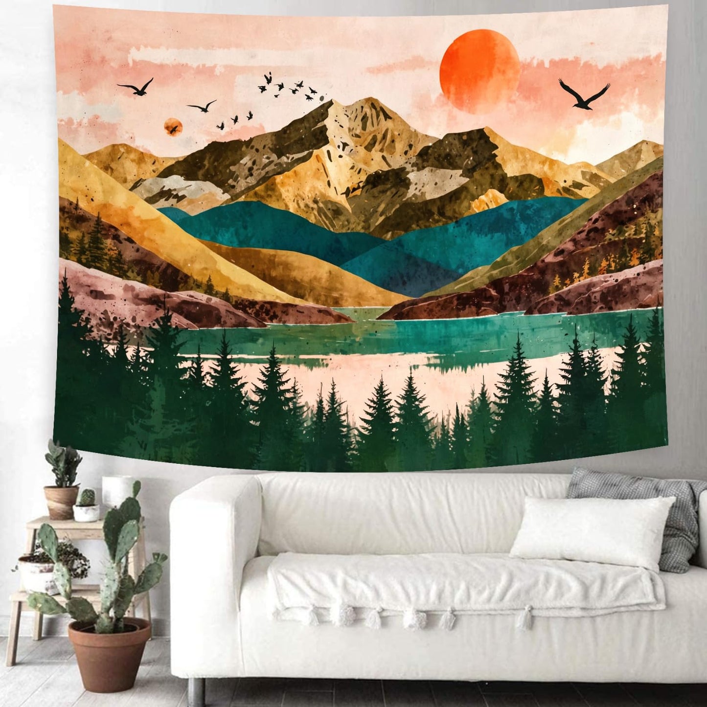 Delur Mountain Tapestry Boho Sunset Nature Forest Tree Tapestry Wall Hanging Sunrise River Lake Landscape Psychedelic Headboard for Bedroom Living Room Home Decor (51.2" x 59.1")