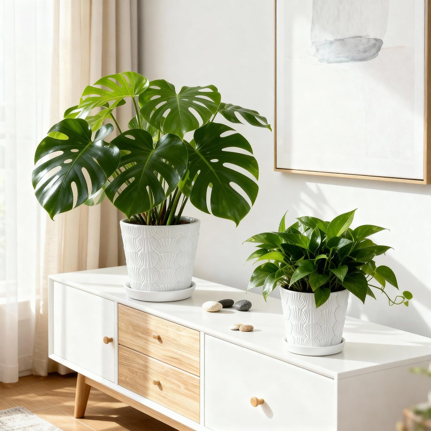 COLOAPT Ceramic Planter,5+6 Inch Ceramic Flower Pots with Drainage Hole&Tray,Embossed Seashell Design Plant pots,Planters for Indoor Plants Succulent Cactus,Flower Pot Home Decor-Set of 2,White