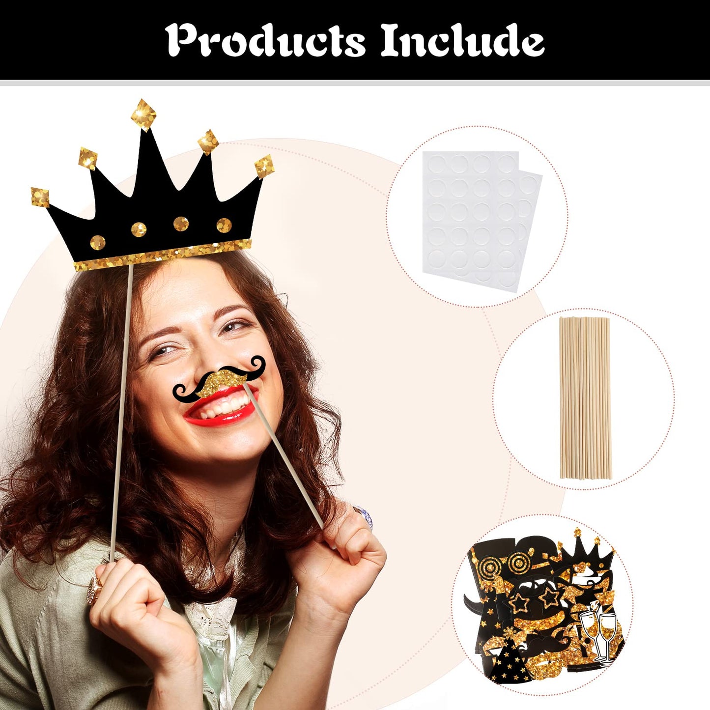 Zonon 24 Pcs Funny Photo Booth Props Class of 2026 Graduation Birthday Wedding Family Class Reunion Prom Disco Party Celebration Decoration Supplies Mix of Hats, Lipstick, Tie(Golden)