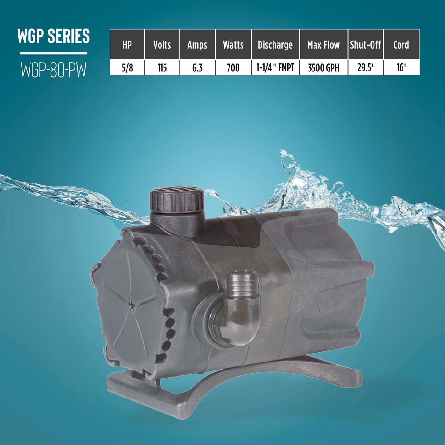 Little Giant WGP-80-PW 115 Volt, 3500 GPH Dual Discharge Direct Drive Submersible Waterfall and Pond Pump, Black, 566417