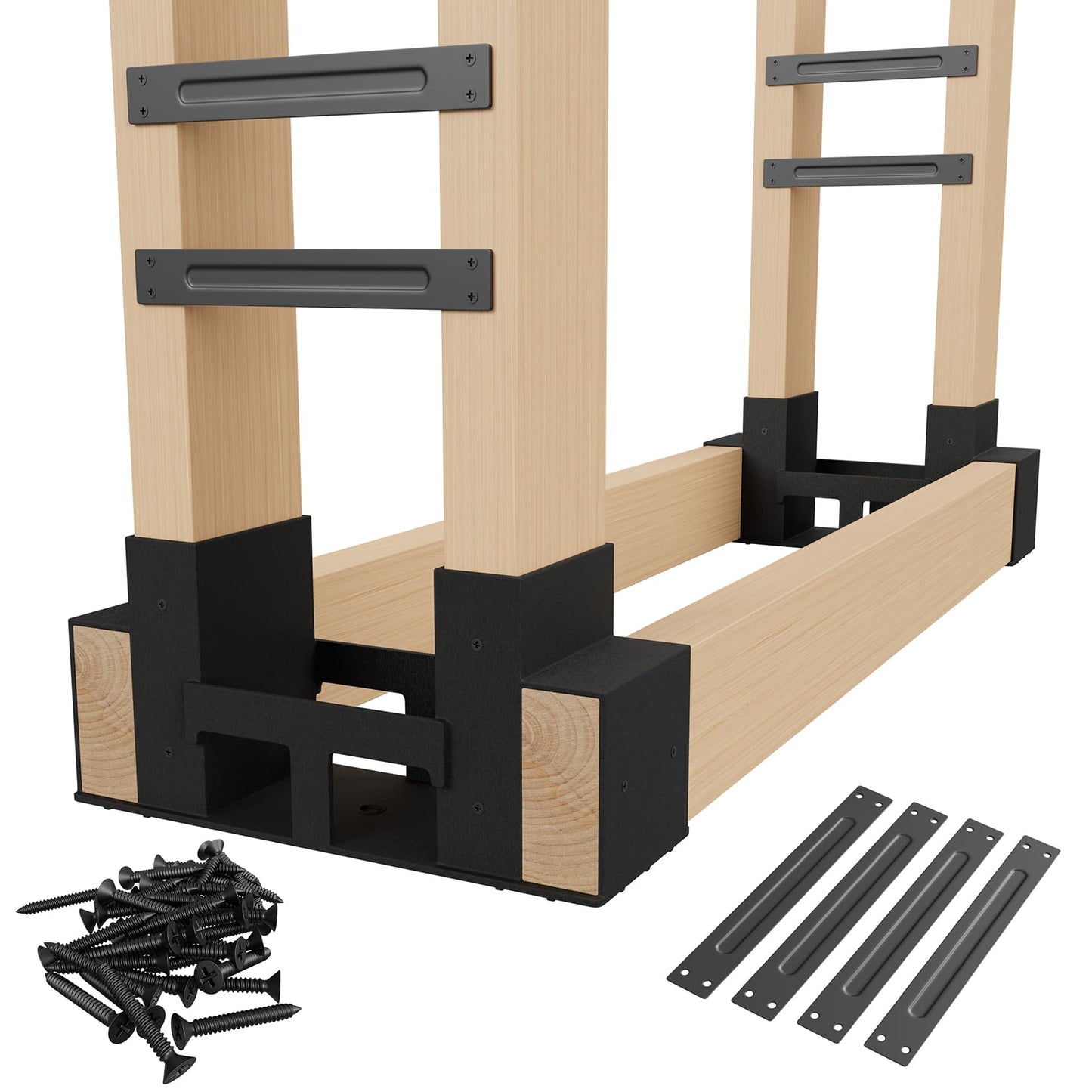 Jusgym Firewood Rack Outdoor Indoor, Heavy-Duty Plastic Firewood Rack Brackets Kit with 4 Support Bars, 3.5mm Thick Adjustable Fire Wood Storage Racks with Drainage Holes, Set of 2