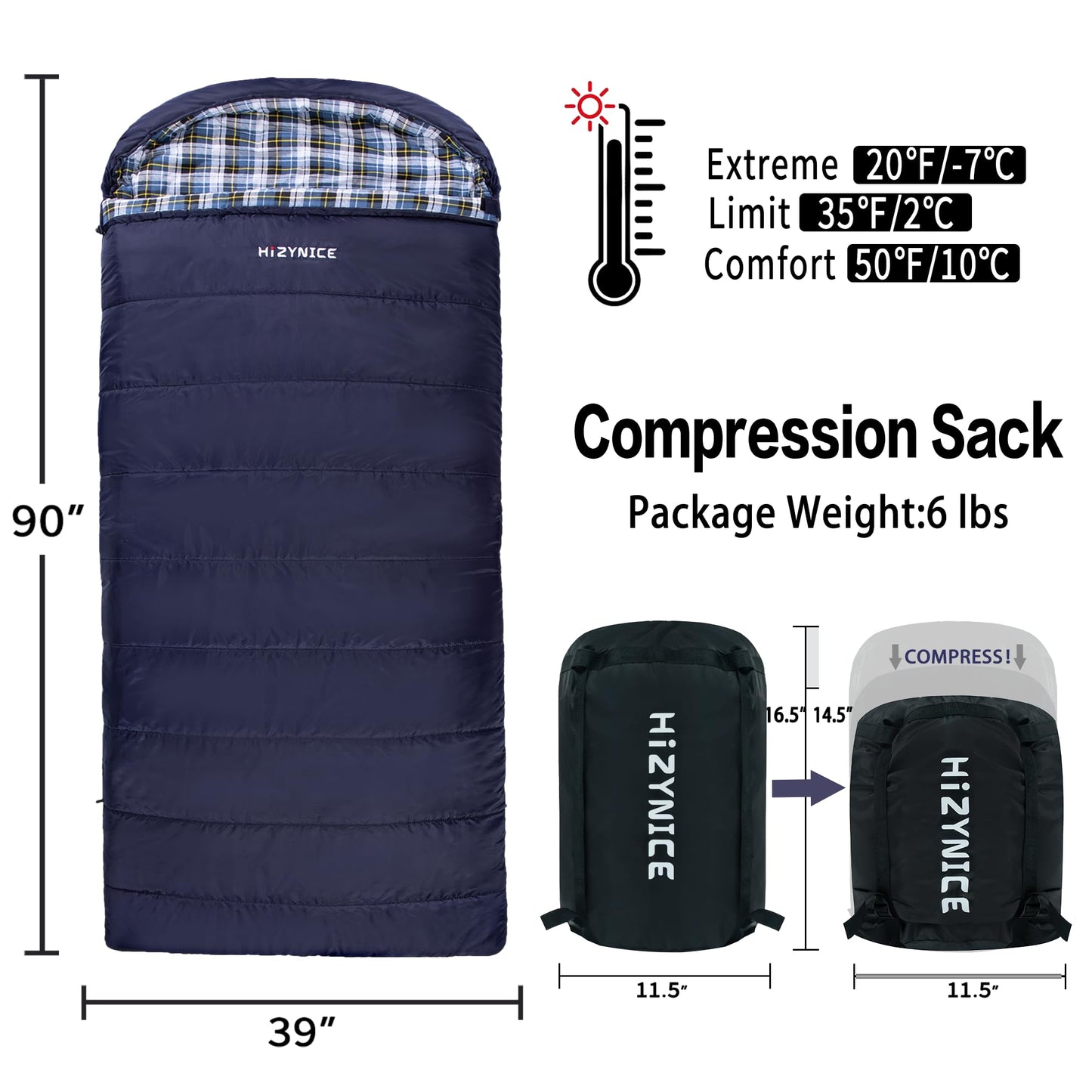 HiZYNICE Sleeping Bags for Adults Large Wide Cold Weather 20 Degree XL XXL Plus Size Oversized,Navy Blue Right Zip