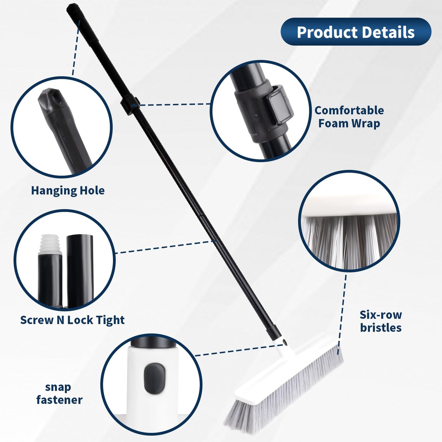 3-in-1 Floor Brush with Squeegee and Adjustable Long Handle, Push Broom with Rubber Squeegee, Suitable for Warehouses, Glass, Floors, Tiles, Hardwood Floors, Decks and Patios