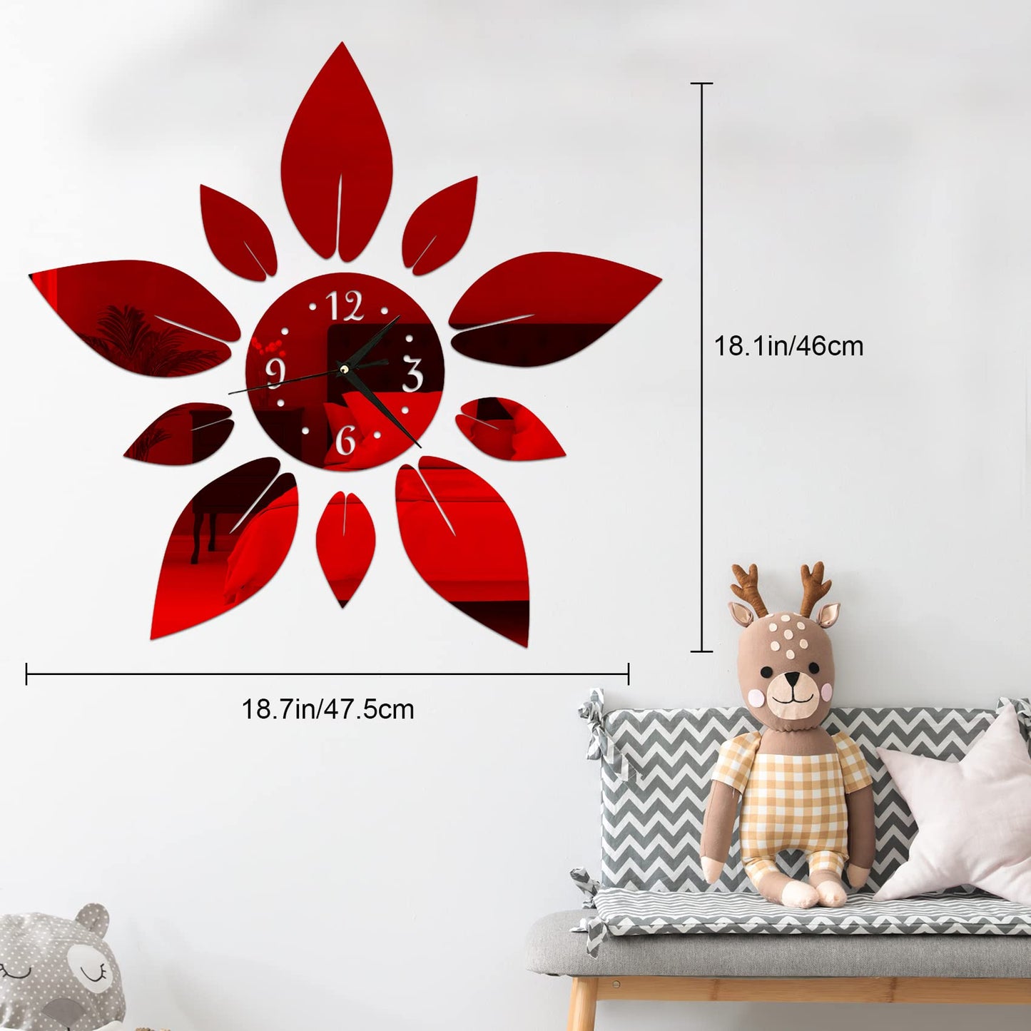 haodeni Modern Flowers Digital 3D Large Wall Clock Mirror Stickers Self-Adhesive Acrylic Crystal Mirror Decals DIY Silent Petal Combo Art Wall Clocks Decoration for Home Apartment Office (Red)