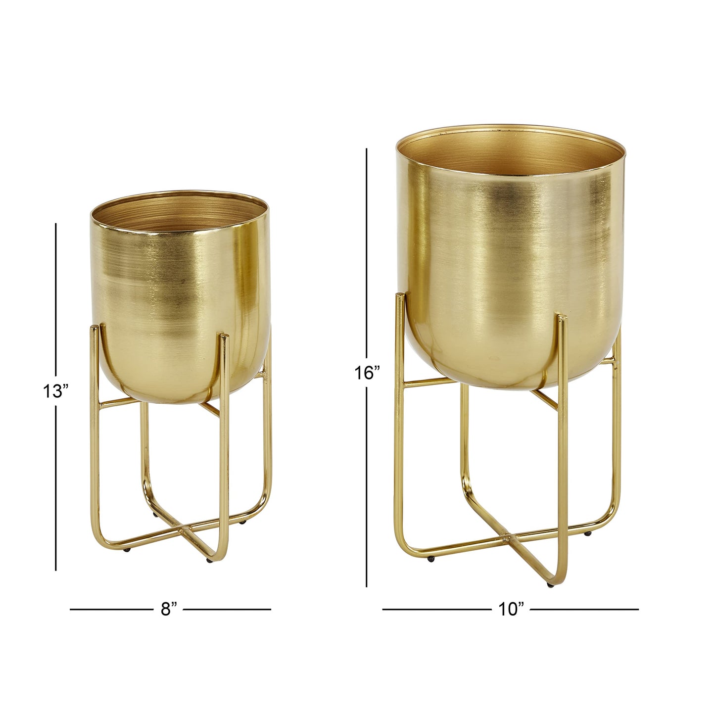 Deco 79 Metal Indoor Outdoor Planter Brushed Dome Large Planter Pot with Curved X-Shaped Bases, Set of 2 Planters 16", 13"H, Gold