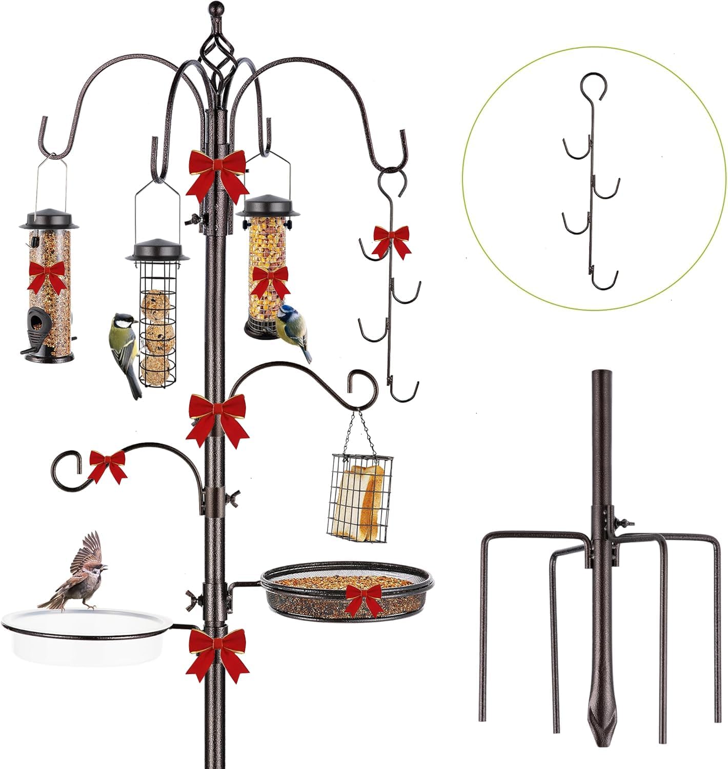 Bird Feeder Station with Suet Cage & Water Bowl Fruit Hook- Adjustable Pole, 6 Hanging Hooks for Wild Birds, Outdoor Garden Bird Feeding Kit