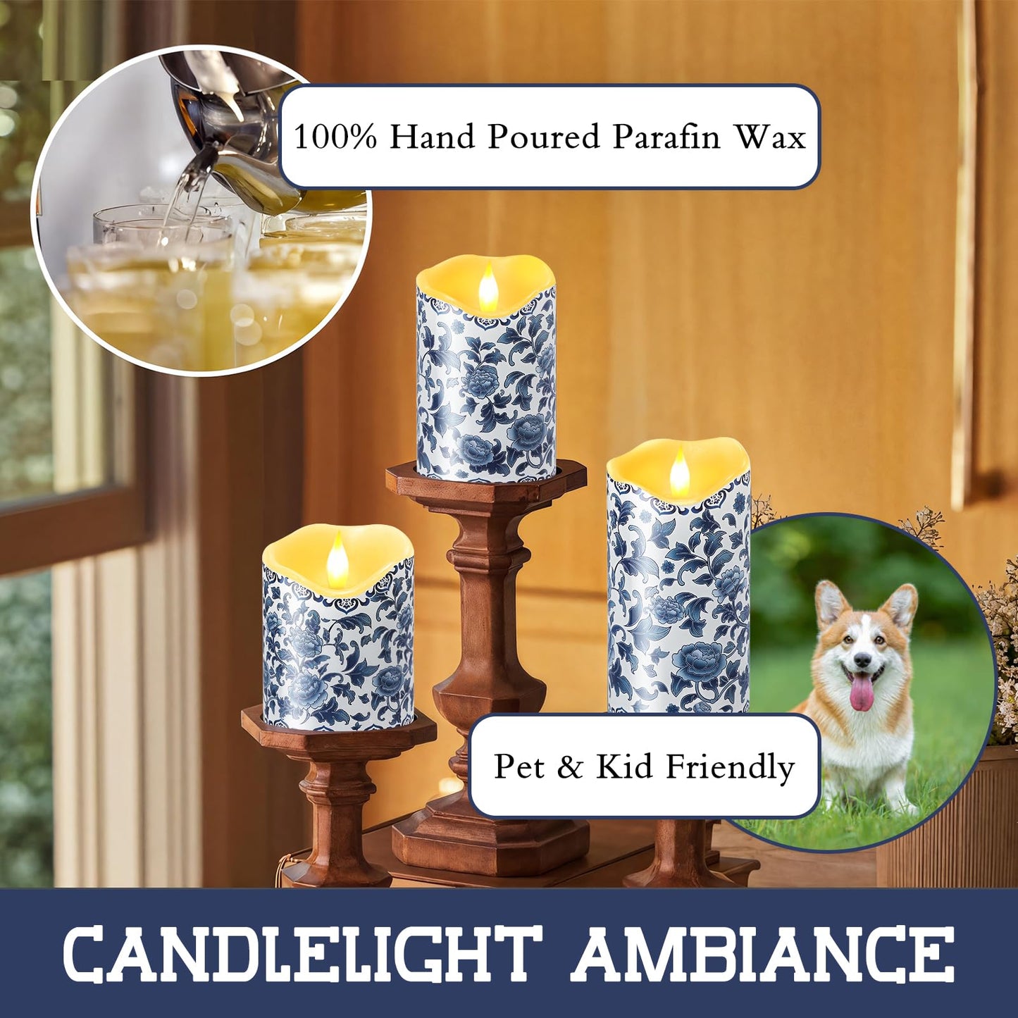 Lebaley 3PCS Chinoiserie Flameless Candles – Blue and White Porcelain Candles with Remote,Floral Battery Operated LED Candles,Blue Pillar Candles Chinoiserie Decor for Home Weddings Party Festivals