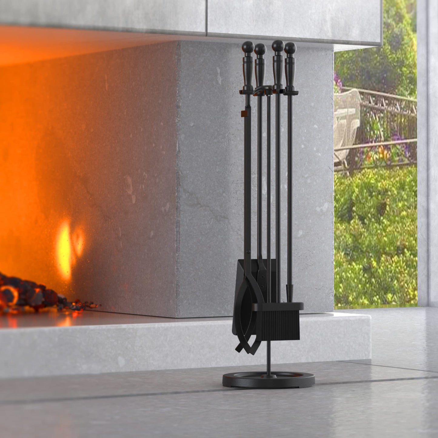 Fire Beauty Fireplace Tools Set 5 Pieces Wrought Iron Fire Place Pit Poker Holder 31" H (Black)