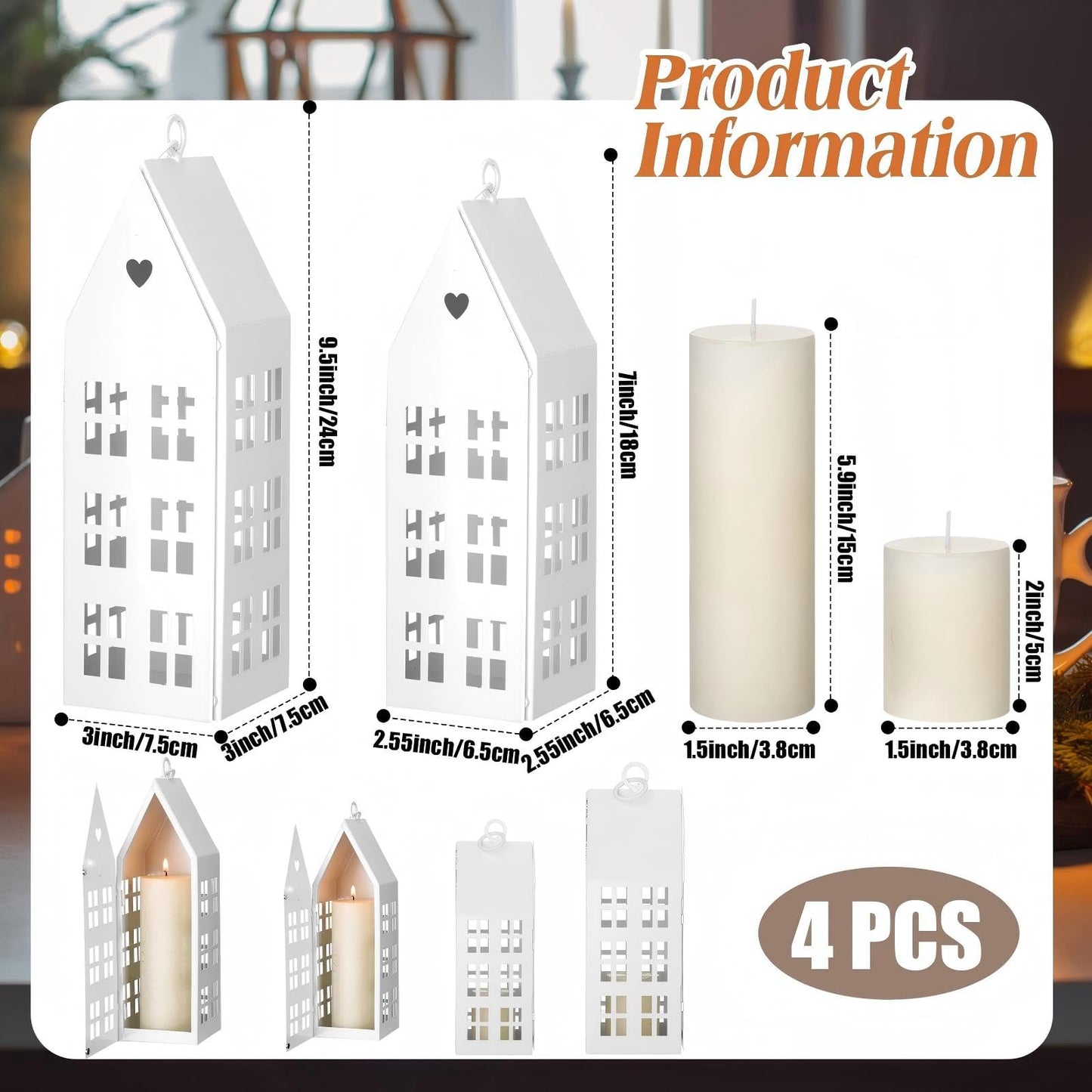 SiliFine 2 Set White Farmhouse Village Sets with 2 Pcs White Candles Rustic Houses Village Decor Metal Modern Lantern Decorative for Wedding Valentine's Day Home, Tabletop, Shelf Decor