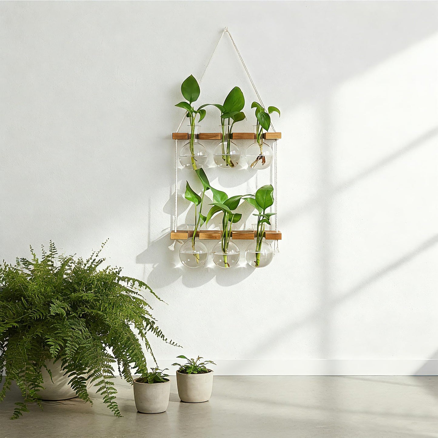 Renmxj Plant Propagation Station Wall Hanging, Plant Terrarium with 2 Tiered Wooden Stand for Hydroponics Plants, Unique Gardening Gifts for Women Mom Plants Lovers - 6 Bulb Glass Vases