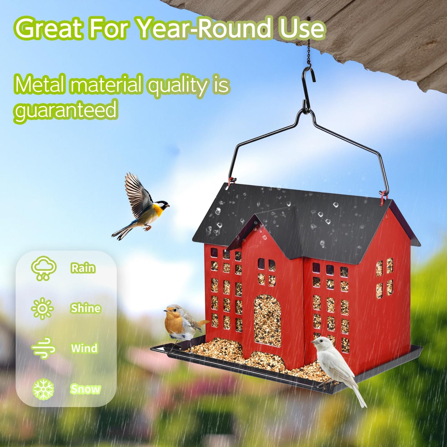 BOCHENTECH Hanging Bird Feeder, Outdoor Bird Feeder, Metal Bird Feeder, 5.6LB with Three Small Individual compartments for Finch Cardinal Chickadee, Large Capacity, Weatherproof and Durable