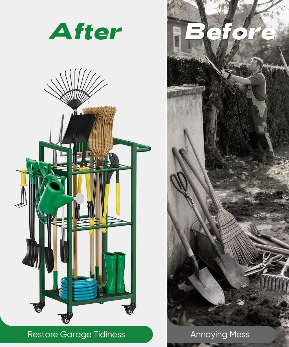Lotspasie Garden Tool Organizer with Wheels, Heavy Duty 3 Tier Metal Yard Tool Storage Rack Holder with Side Hooks, Freestanding Garage Organizer for Shovels, Rakes, Brooms, Indoor Outdoor Use, Green