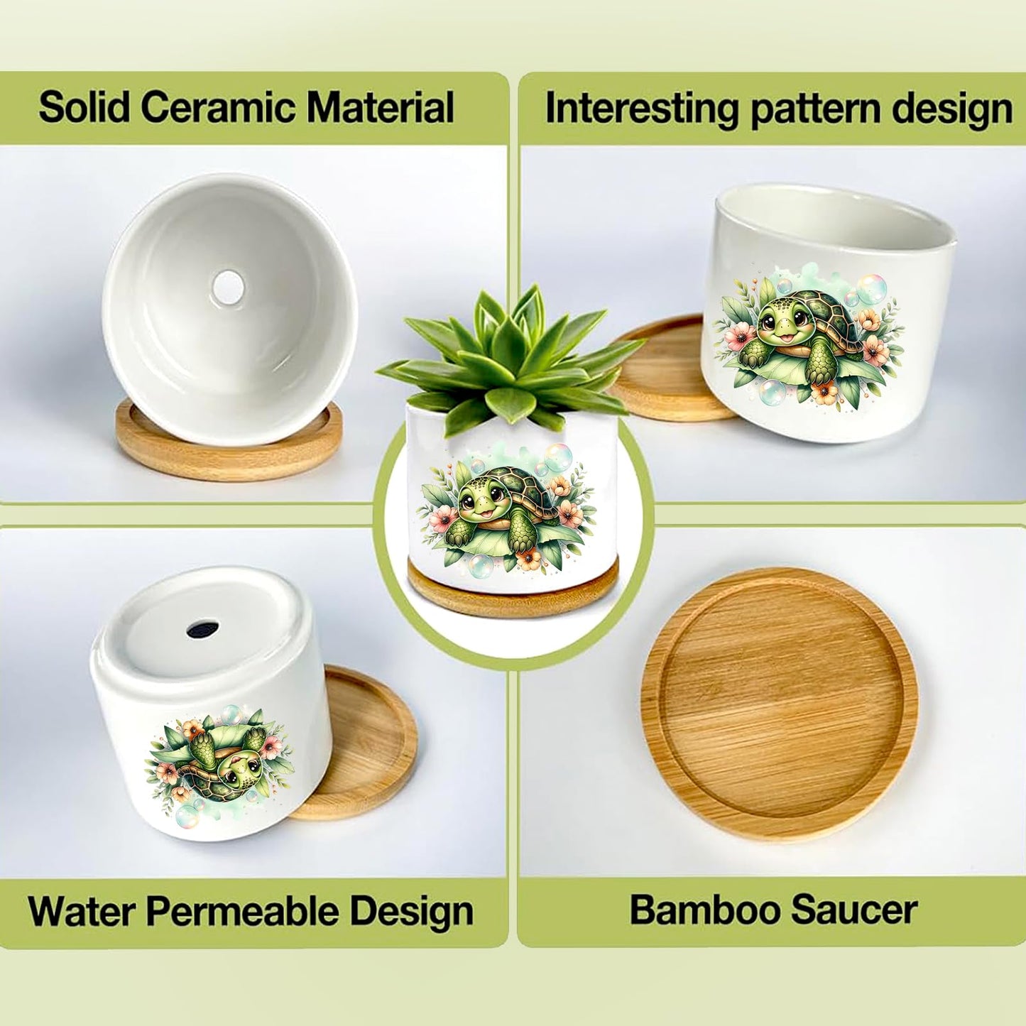 Databa Turtle Succulent Pots 3 Pack, 3 Inch Succulent Planters with Drainage and Bamboo Tray, Turtle Gifts for Women, Ceramic Small Pots for Baby Plants, Cactus, Herbs- Plants Not Included