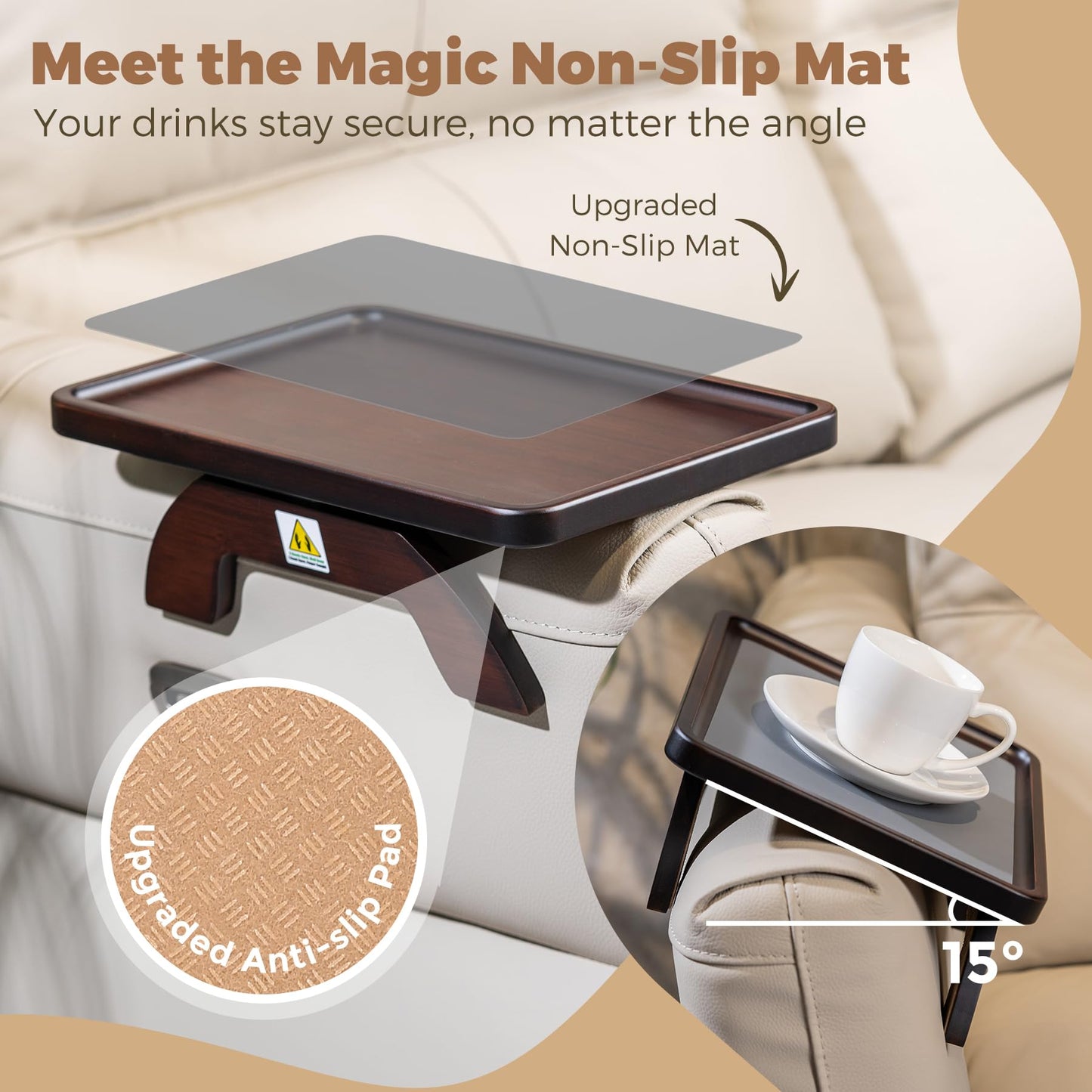 Tomlyop Couch Armrest Table, Foldable Bamboo Sofa Arm Tray for Couch with a Non-Slip Pad, Clip On Couch Arm Table for Remotes/Eatting/Drinks, Fits Sofa Armrest 3.5"-13.5" Brown