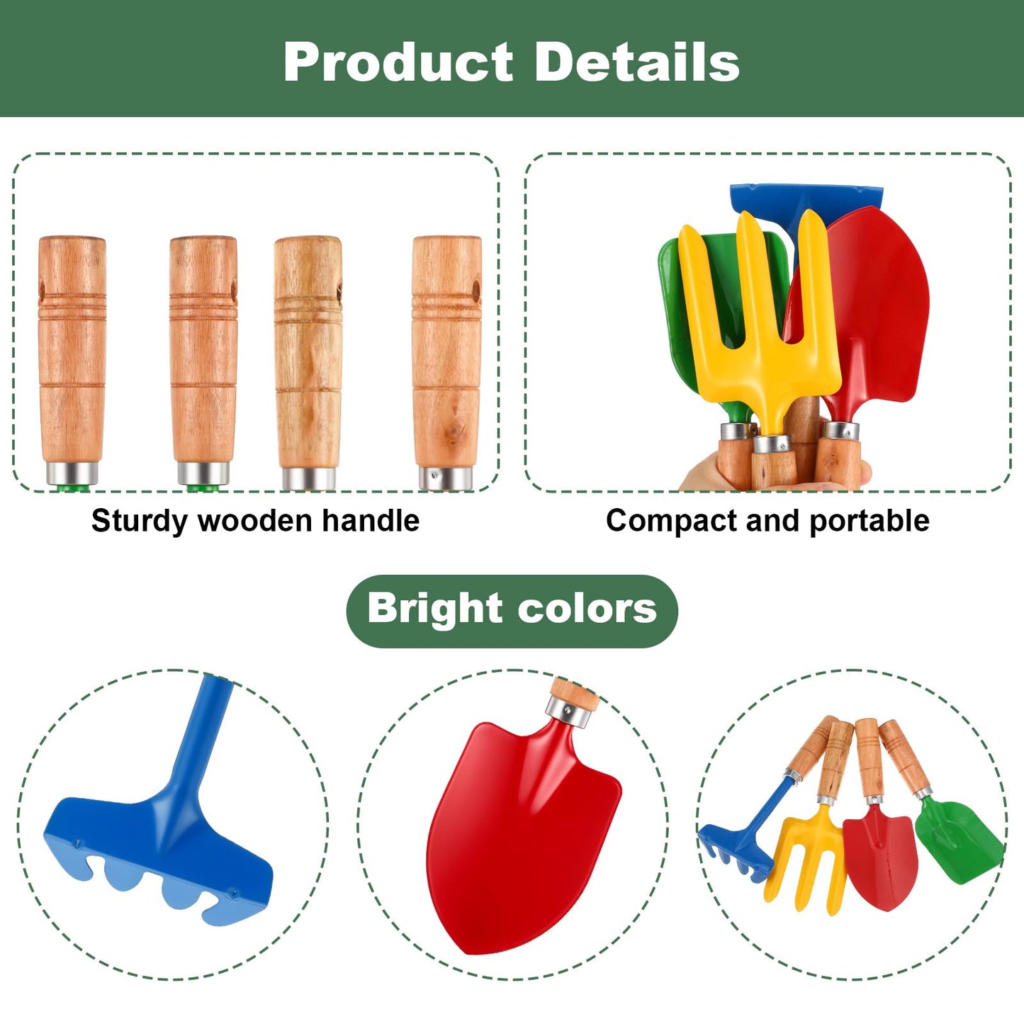 16 Pcs Gardening Tools Metal Garden Beach Sandbox Digging Including Shovel, Rake, Fork and Trowel, Garden Beach Sand Tools with Wooden Handle Hoe for Gift Outdoor Gardening