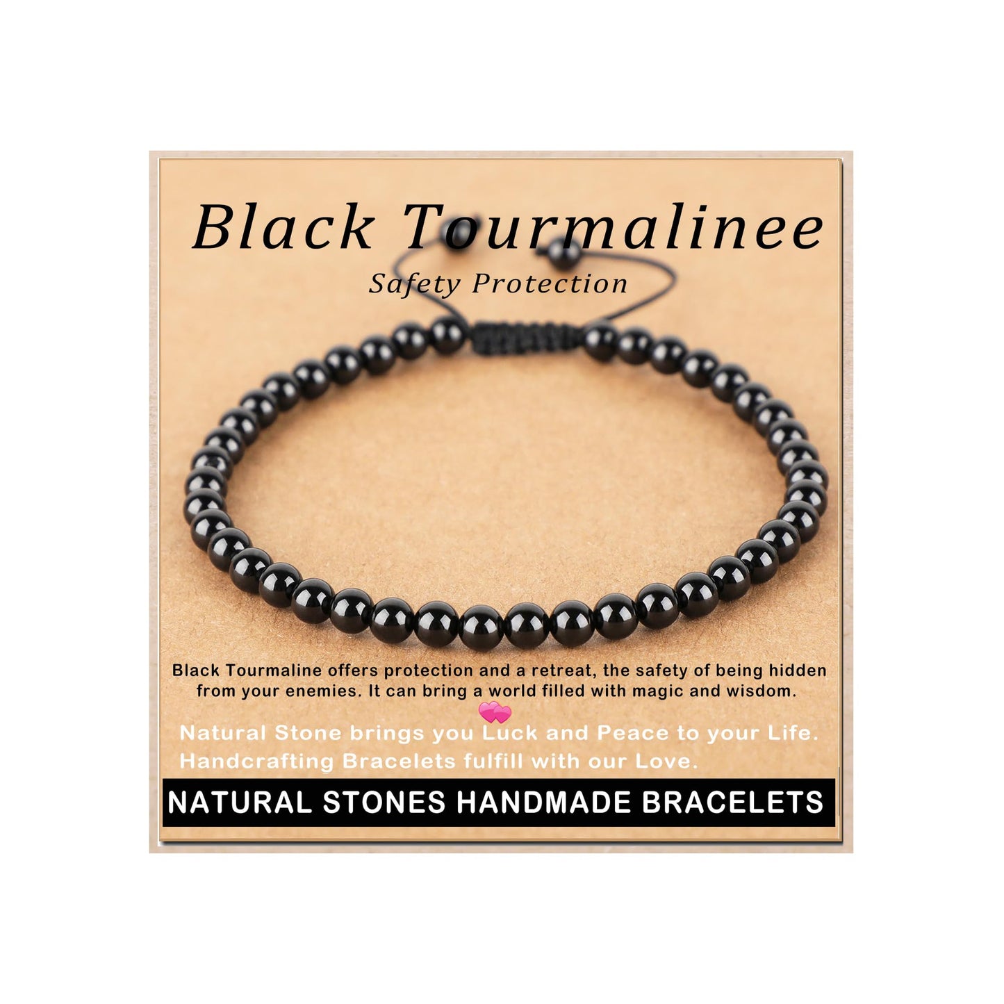 AD Beads 4mm Black Tourmaline - Best protection - Handmade Natural Stone Crystal Bracelet with Adjustable Macrame String - Yoga Healing Power Energy Gifts for Men and Women