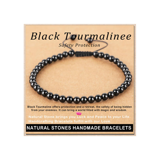 AD Beads 4mm Black Tourmaline - Best protection - Handmade Natural Stone Crystal Bracelet with Adjustable Macrame String - Yoga Healing Power Energy Gifts for Men and Women