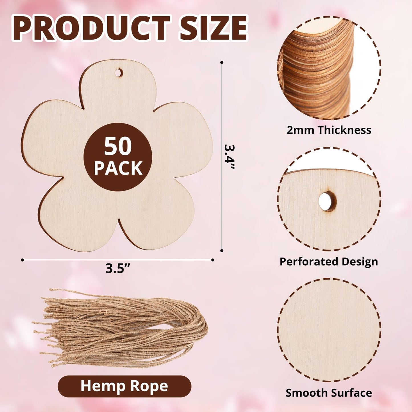 50 PCS Wooden Flowers for Crafts, Flower Shape DIY Blanks Unfinished Wood Crafts to Paint, Wooden Ornaments for Crafts Hanging, Unfinished Wood Cutouts for Christmas Tree Decorations, 3.4 * 3.5 inch