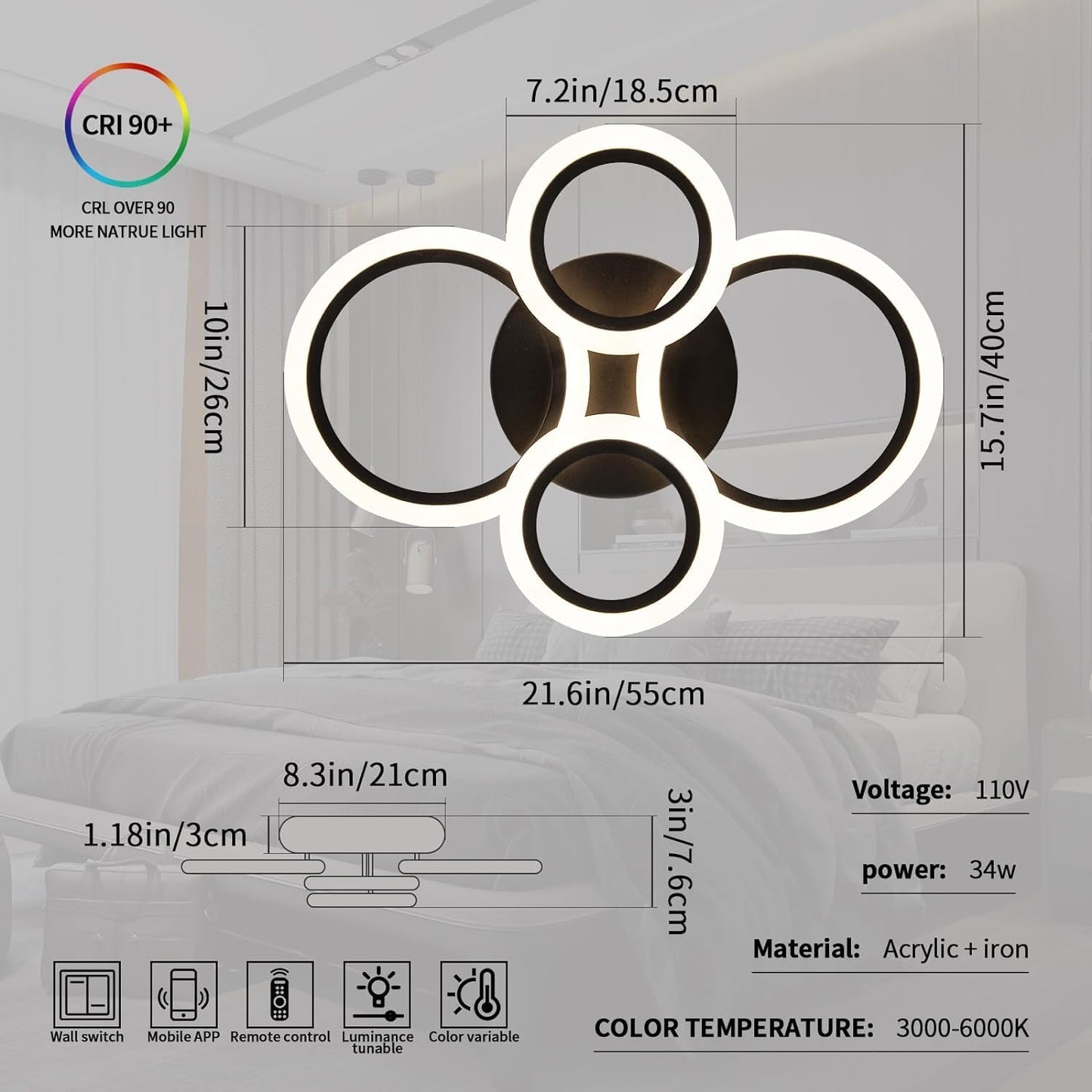 Shine LUEST 34W Modern LED Ceiling Light, 3000K-6000K Dimmable Ceiling Lighting Fixtures Ceiling Mount 4 Rings Black LED Chandelier Bedroom Lights Flush Mount with Remote for Kitchen, 2720LM