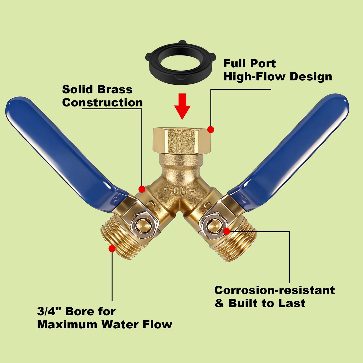 Triumpeek 2-Way Garden Hose Splitter, Solid Brass Y Connector with 3.6-Inch Ergonomic Handles, Full Flow 3/4" GHT Thread for Outdoor Faucet, Sprinkler & Irrigation