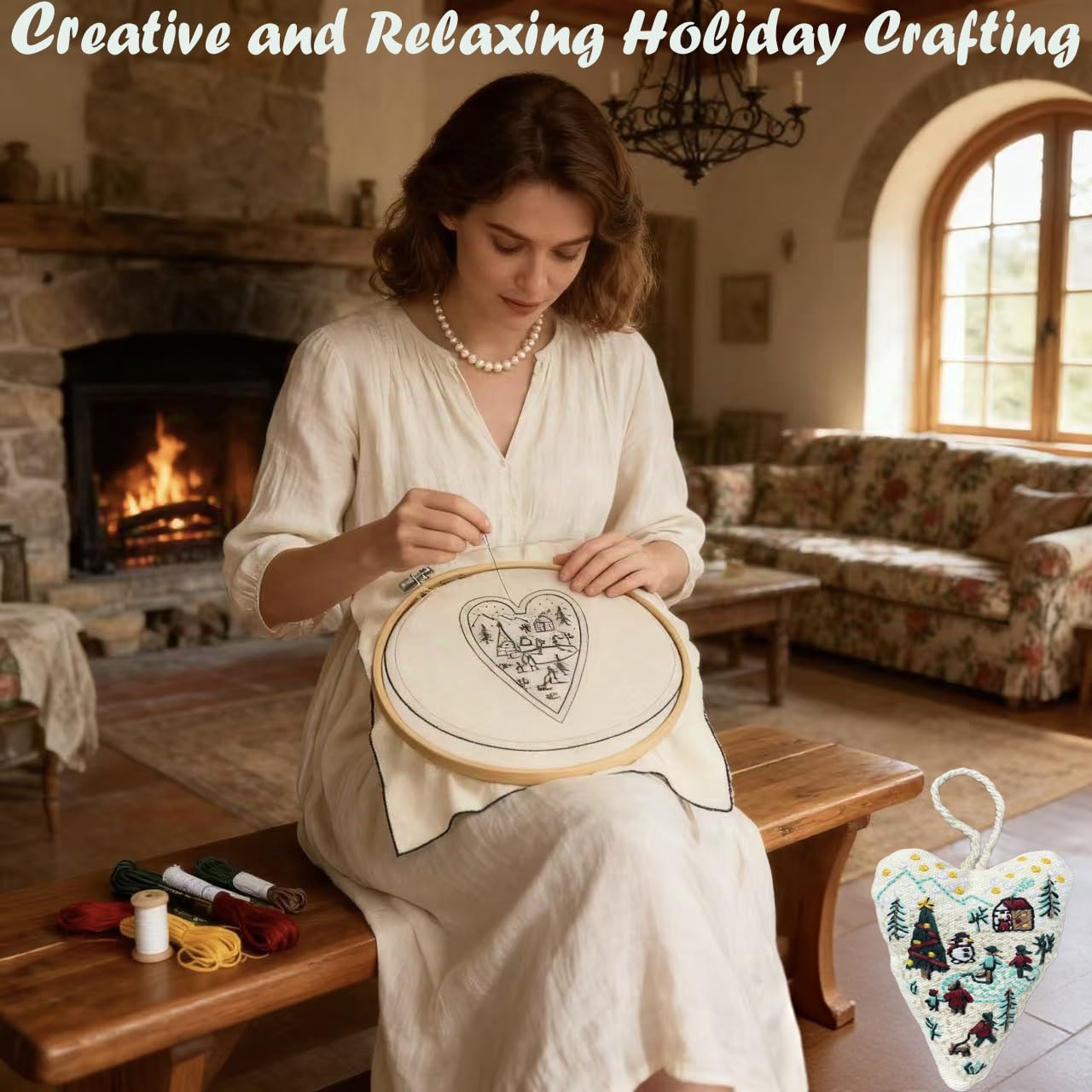 GDGJWL DIY Heart Shaped Hand Embroidered Christmas Ornament Kit Complete Craft Set with Pre-Printed Fabric Embroidery Thread Holiday Cross Stitch Decor for Beginners Adults and Home Decor (DIY)
