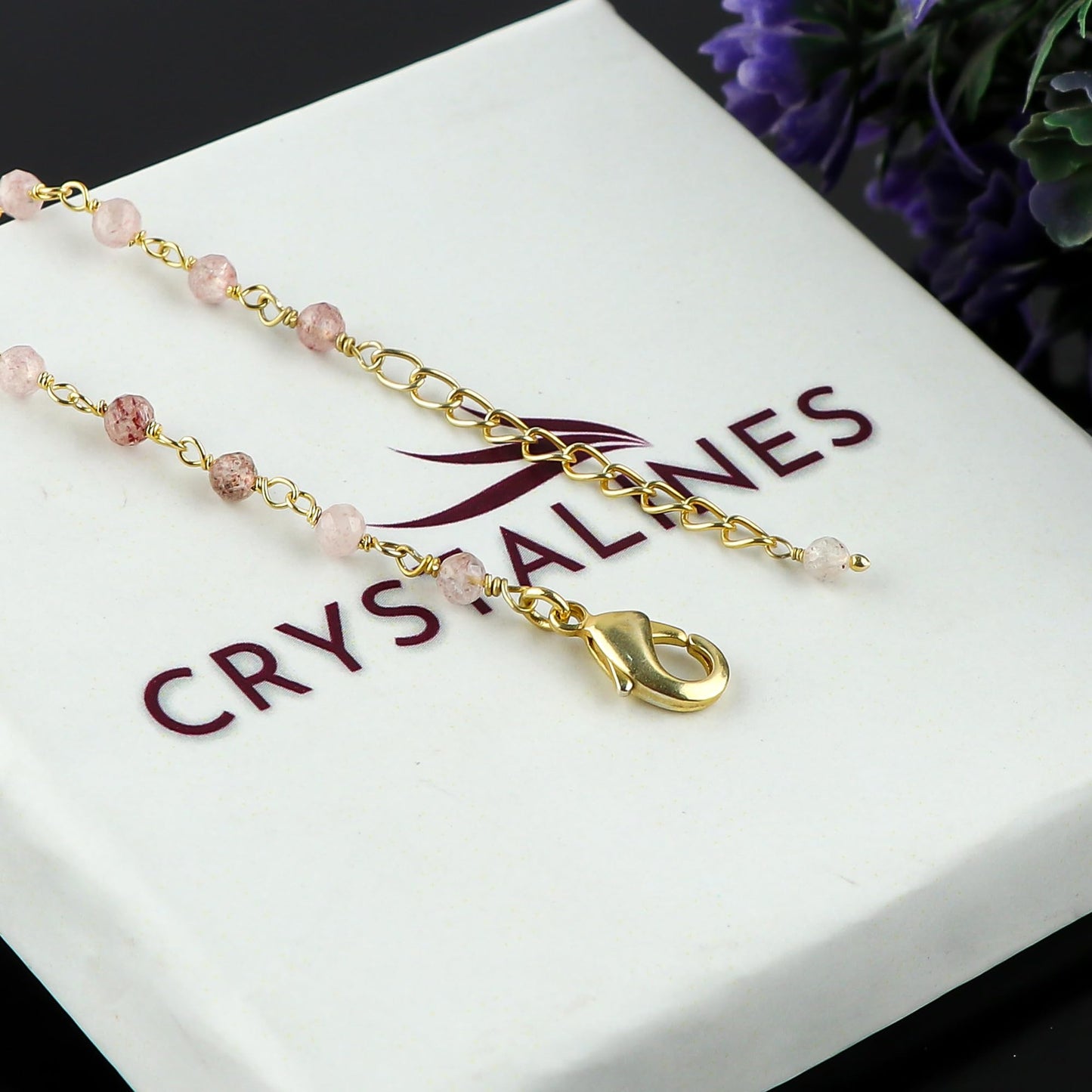 CRYSTALINES Natural Strawberry Quartz Gemstone Cluster Bracelet, Handmade Boho Jewelry for Women, 14K Gold Plated Rosary Chain Beads, Healing Crystals & Stones, Birthday Christmas Gift 8"