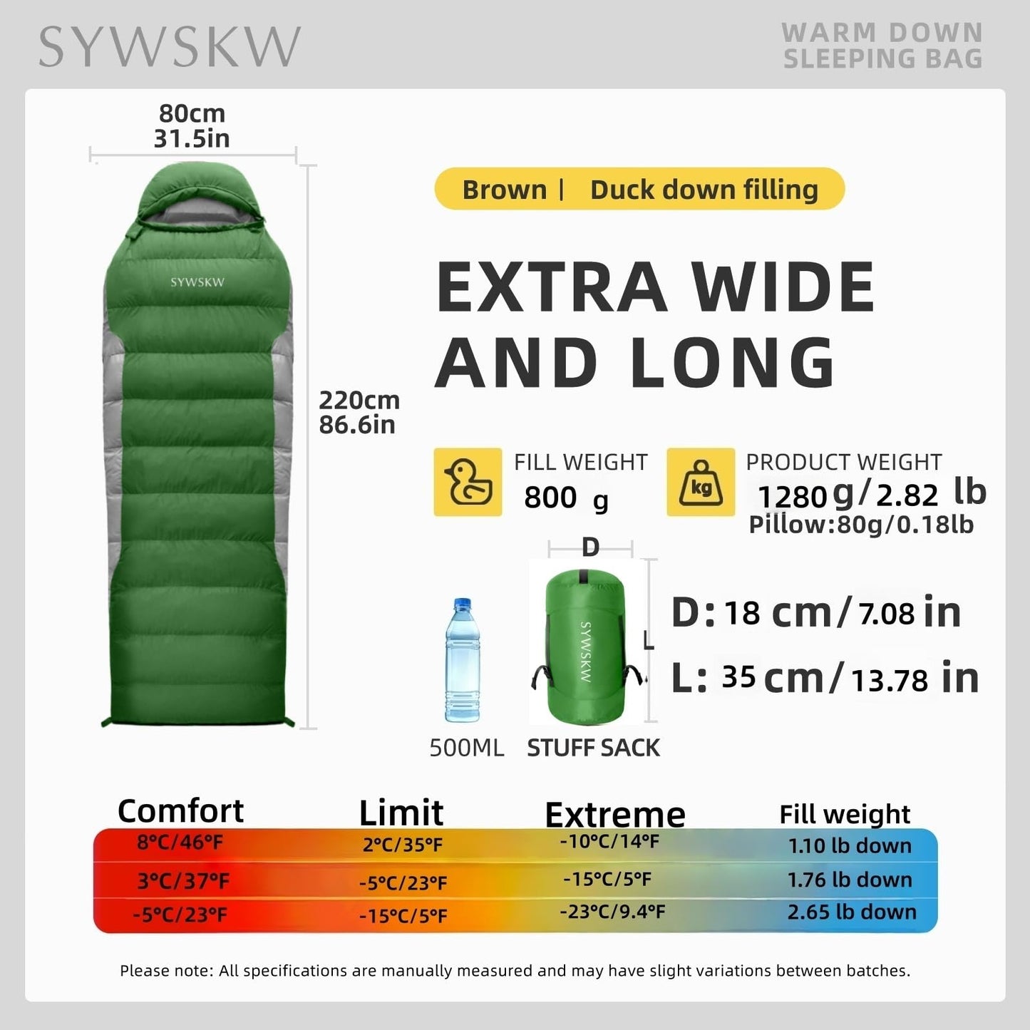 SYWSKW Ultralight Down Sleeping Bag with Pillow,15°F 32°F 46°F Sleeping Bag for Women,Men,Youth Backpacking,Hiking and Camping Outdoor with 680FP Duck Down (Green, 800g Down Filling)