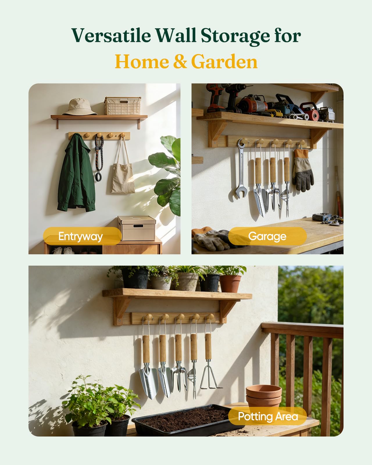 Grenebo Wood Wall Hooks Organizer Gardening Tool Set, 6-Piece Garden Tools with 5 Sturdy Wooden Hooks for Wall, Rust-Proof Outdoor Garden Tool Set, Gardening Gifts for Women, Coat Rack Wall Mount