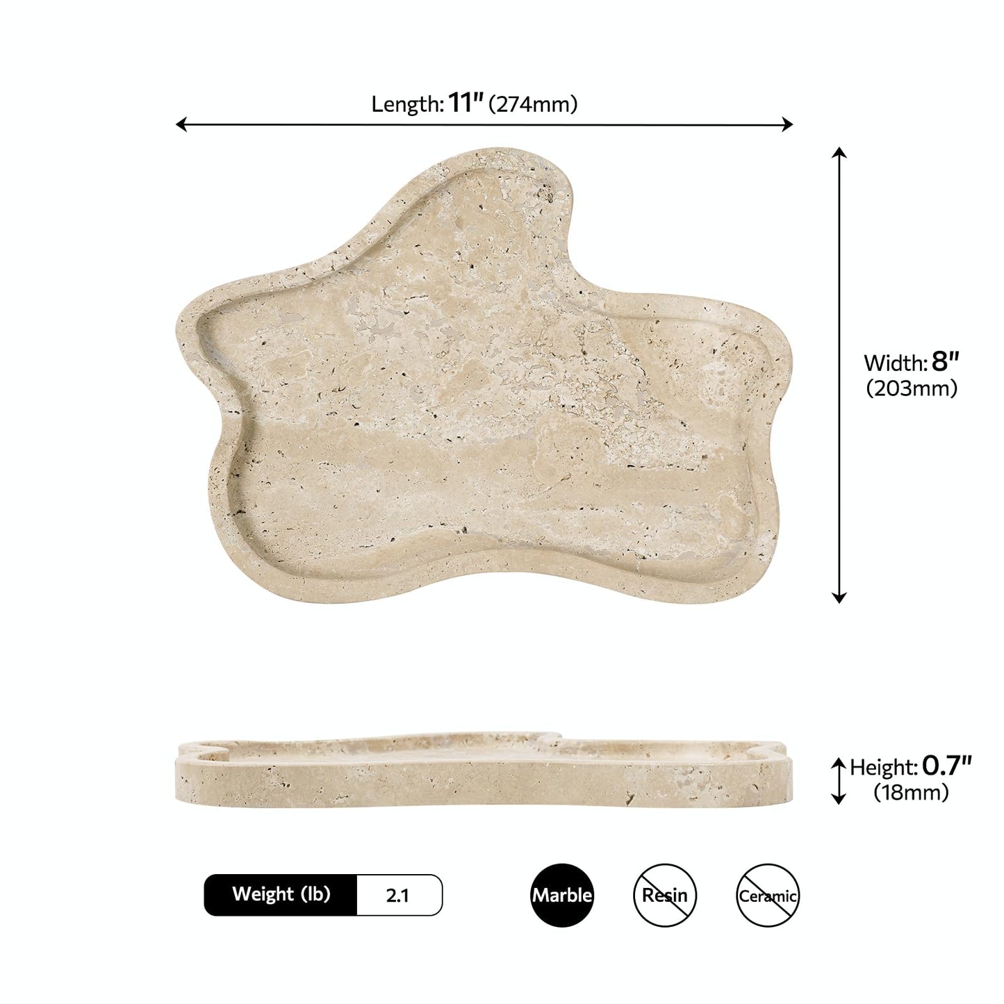 Faticdorr Marble Tray, Marble Vanity Tray 10.8" x 8", Bathroom, Decor for Trinket Perfume Jewelry Candle, Beige, 11 Inch Cloud