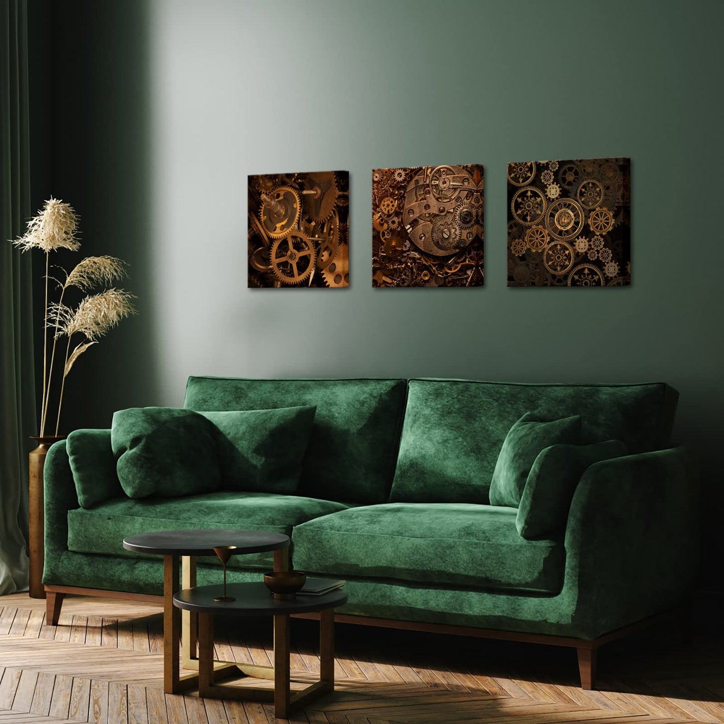RnnJoile Steampunk Canvas Wall Art Industrial Engines Picture Prints Black Gold Painting for Man Cave Bedroom Wall Decor 12"x12"x3pcs (small)