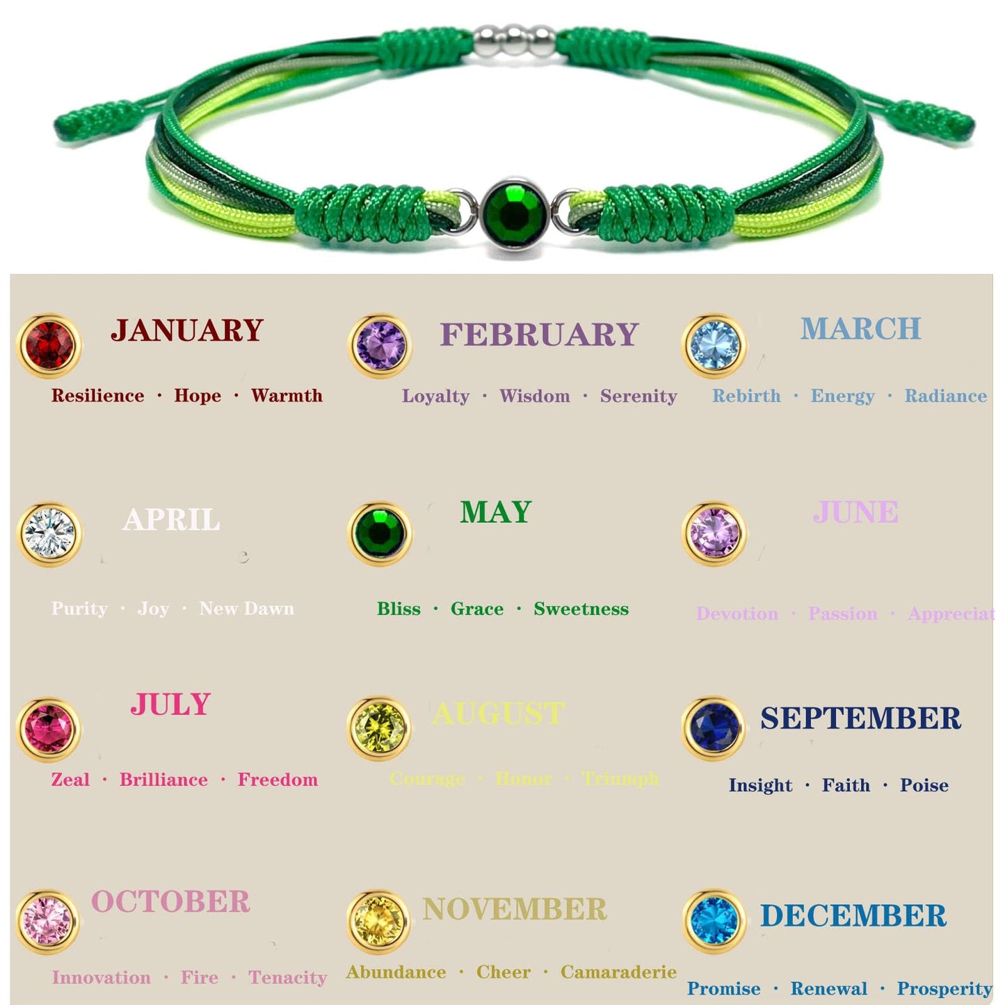 Crgwxzl May Birthstone Bracelets for Women Men,Healing Crystal Protection Stone Green Jade Beads Bracelet,String Wrap Zodiac Month Bracelets Birthday Jewelry Gifts