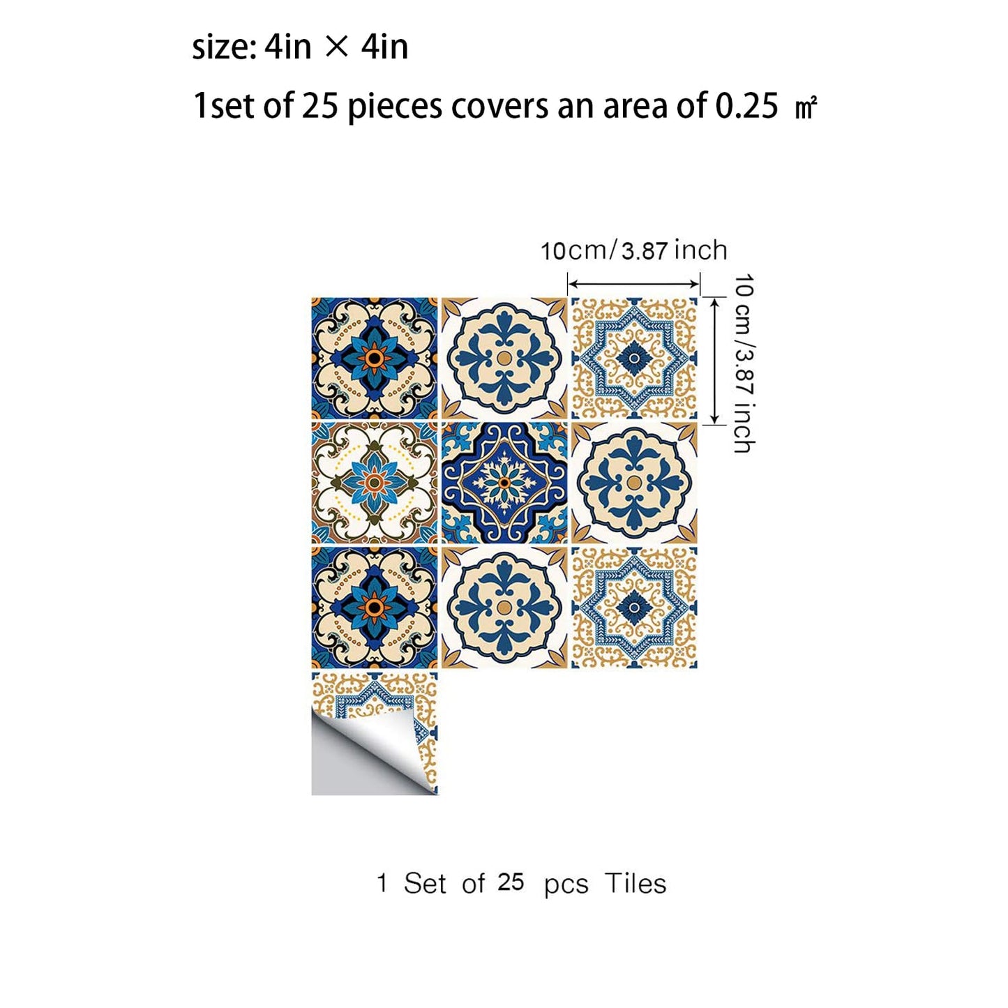 25 PCS Moroccan Style Tile Sticker, 4x4 Inch(10x10cm) Traditional DIY Murals, Tile Waterproof Oil Proof Removable Decals for Bathroom & Kitchen Backsplash (TS-029)