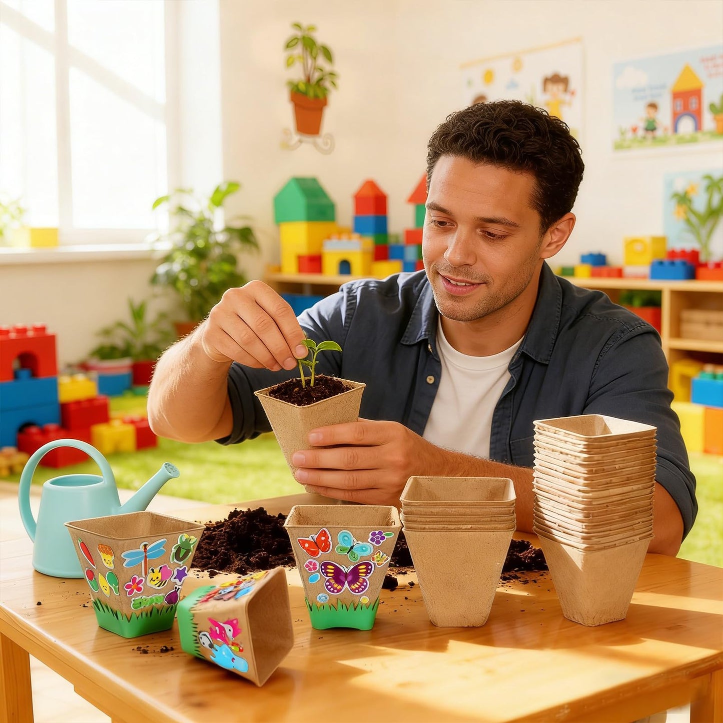 NNG 40 Set Garden Paper Pot Craft Kit,40Pcs Square Paper Mache Pots Peat Plant Pots with 400pcs Adhesive Foam Stickers & 40Pcs Pots Labels,Flower Plant Spring Craft for DIY Flower Planting