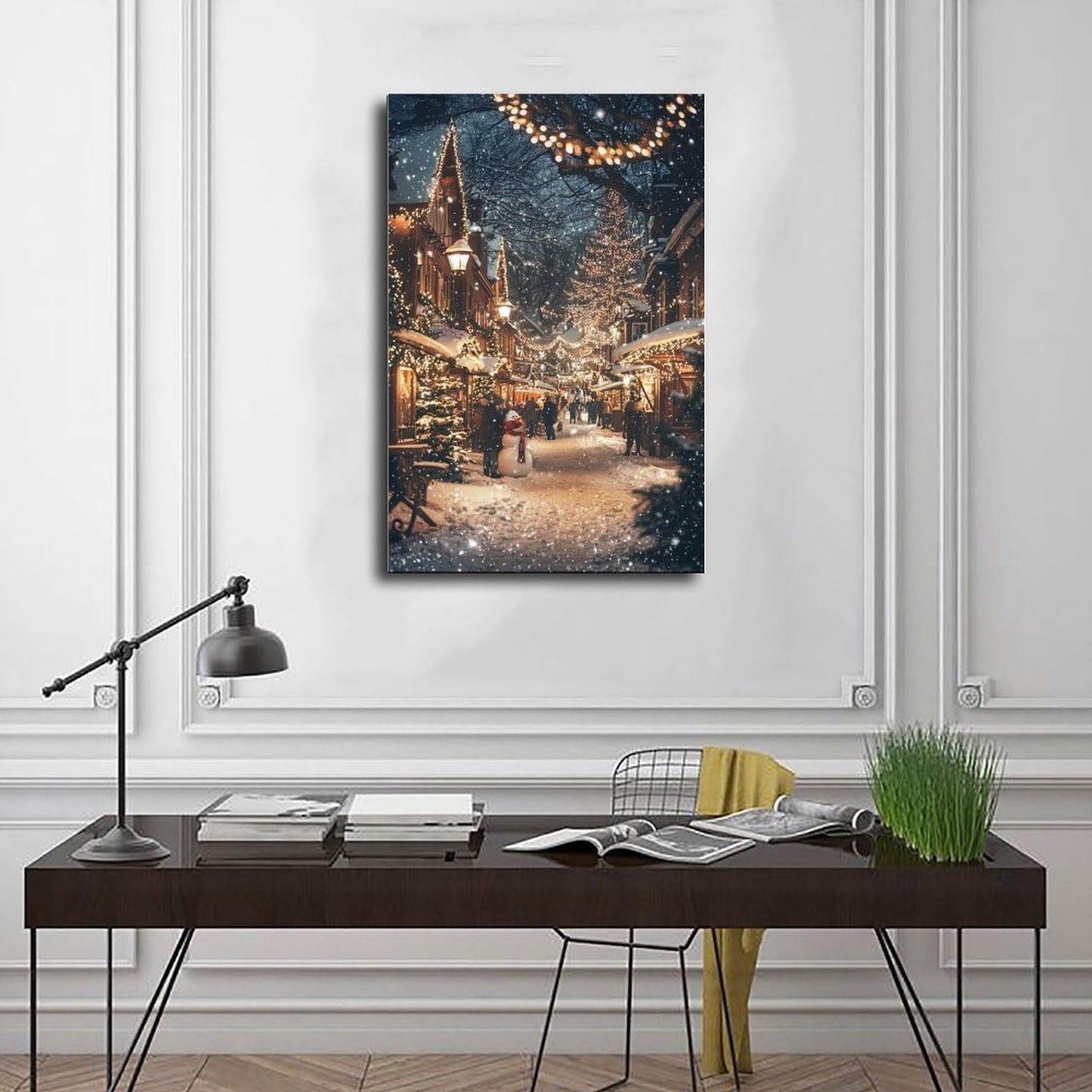Festive Winter Town Wall Art – Snow Covered Village, Holiday Lights And People Poster Print for Teen Boys Room Wall Art Canvas Painting Print 12x18inch(30x45cm)