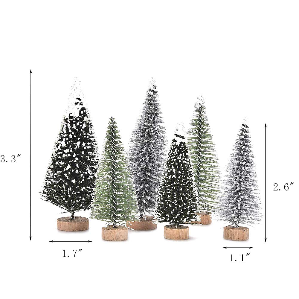 Yahpetes Miniature Christmas Tree 6 Pcs Pine Trees Sisal Trees Snow Frost Ornaments with Wooden Bases for Miniature Scenes, Christmas Crafting and Designing, Mixed Size