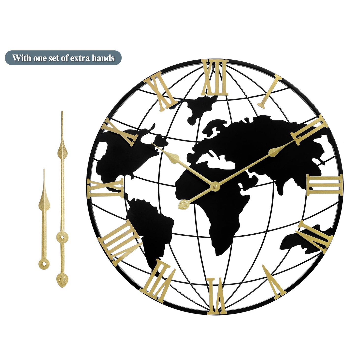LEIKE Large Wall Clock 24IN, World Map Modern Style Wall Clocks, Big Clock for Wall Living Room Decor, Office Wall Decor, Silent Non-Ticking for Bedroom, Kitchen, School