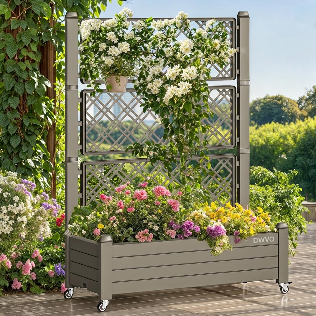 DWVO 3.6 x 1.5 x 5 FT Raised Garden Bed with Trellis, Large Outdoor Planter Trellis Box with Drainage Holes and Wheels for Climbing Plants, Light Brown