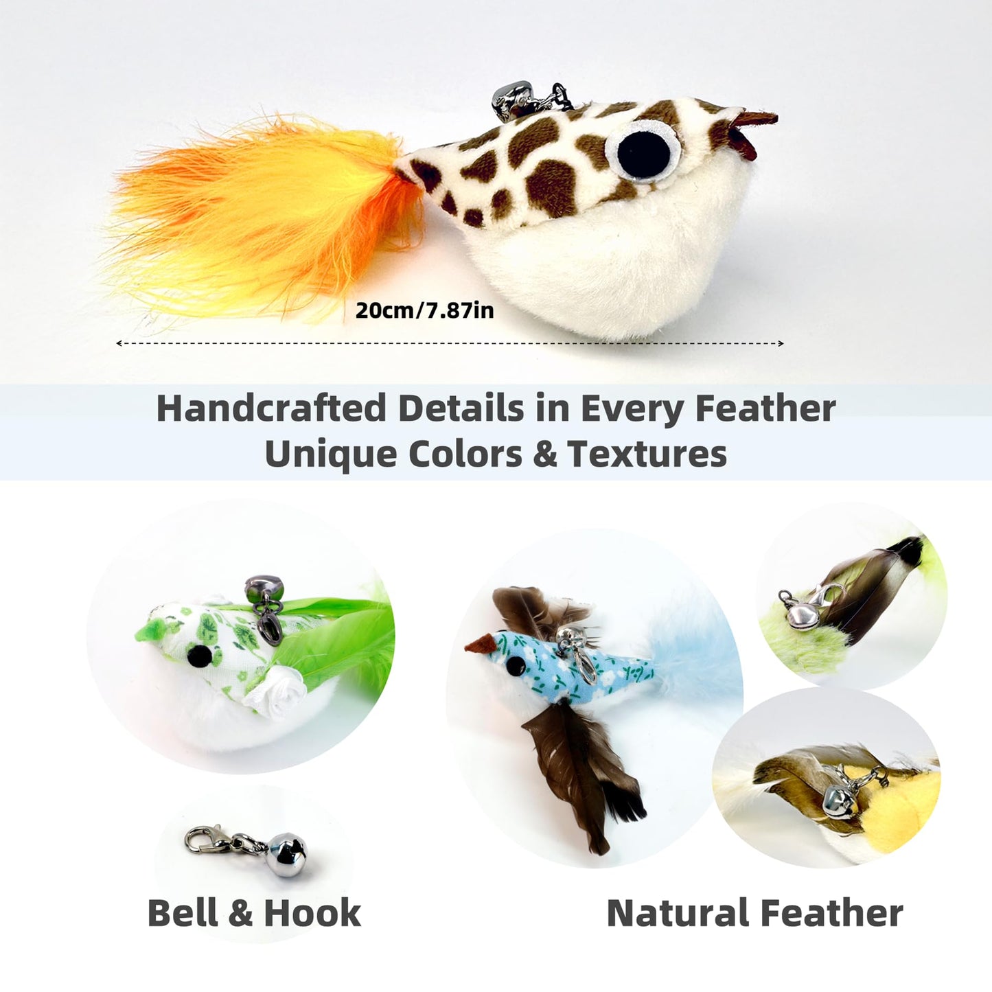 ZAYLUMO 11 PCS Multi-Functional Cat Toy Replacement Heads – Realistic Handmade Bird Teasers with Bells & Detachable Clip, for Interactive Play, Indoor Enrichment & Home Decoration